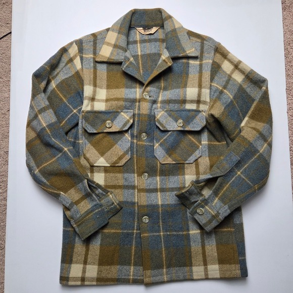 Vintage 70s Woolrich Shirt Jacket Yellow Green Plaid Hunting Button Down Size 38 - Picture 1 of 7